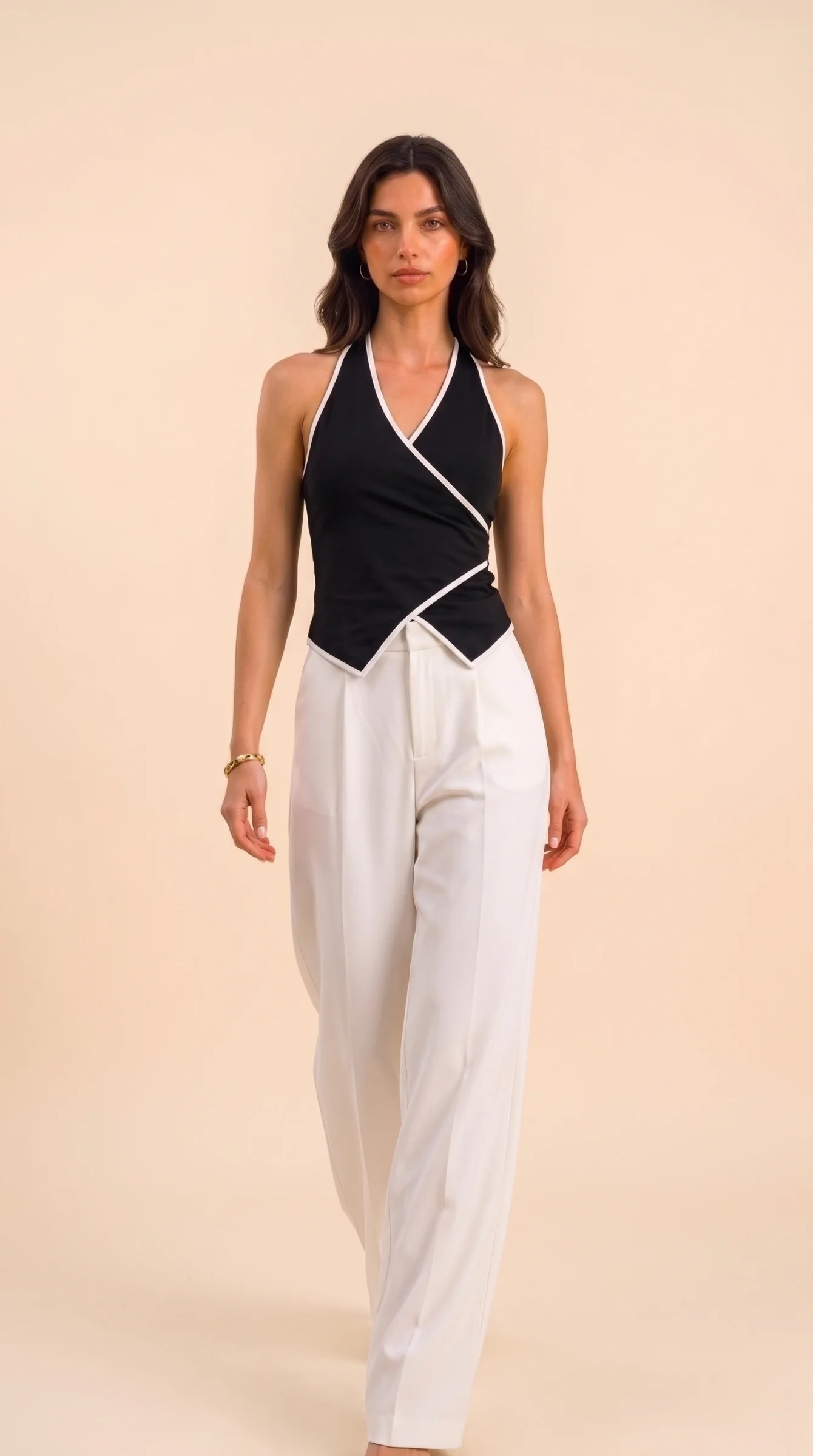 Contrast Trim Wrap Halter Top